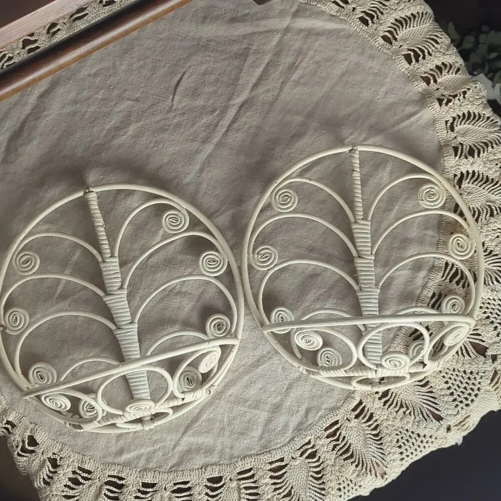 Vintage White Wicker Wall Pockets Set of Two Cottagecore Fairy Garden Wall Decor